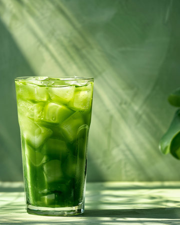 Iced green tea with ice in a glass on a green backgroundの素材