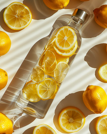 Top view of bottle of fresh lemonade with lemons on light backgroundの素材