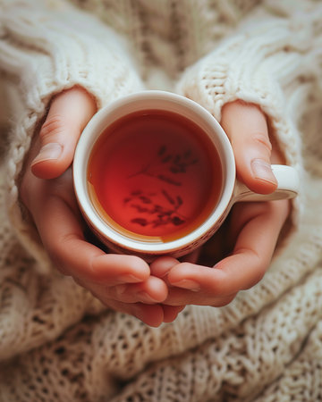 Female hands holding a cup of tea, close-up, selective focusの素材