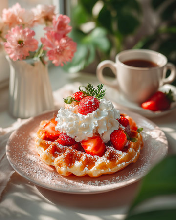 Waffles with fresh strawberries and whipped cream on a light background.の素材