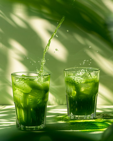 Green juice with ice cubes and water splashes on a green backgroundの素材