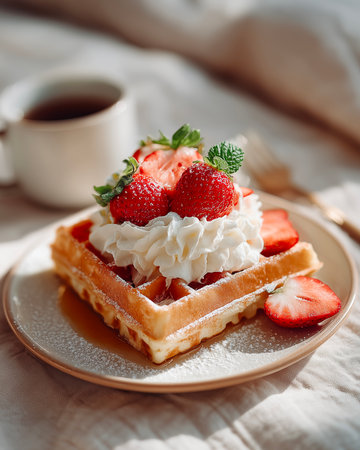waffles with strawberries and whipped cream on a plate, selective focusの素材