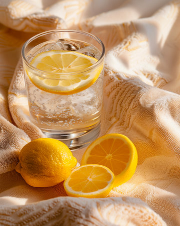 Glass of water with lemon and ice cubes on a beige backgroundの素材