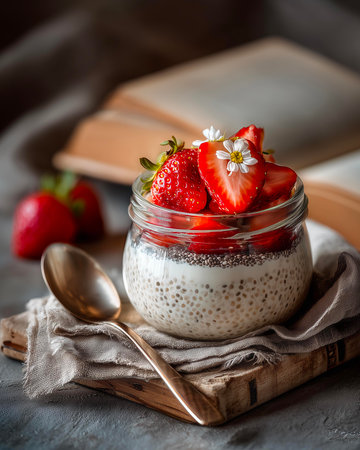Chia seed pudding with fresh strawberries in a glass jar, selective focusの素材
