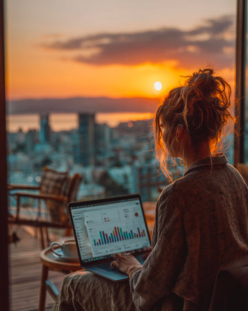 Young woman working on a laptop while sitting at a table in a cafe with a view of the city.の素材