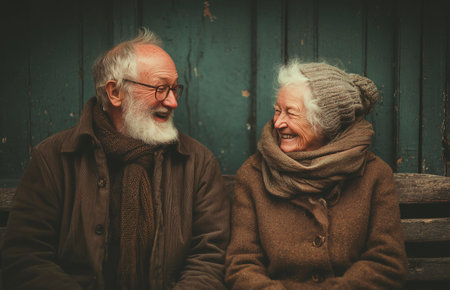 Portrait of senior couple sitting on bench in the park and laughingの素材