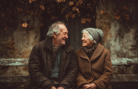 Happy senior couple sitting on a bench in the park. They are looking at each other and smiling.の素材