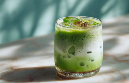 Iced matcha green tea latte in a glass on tableの素材