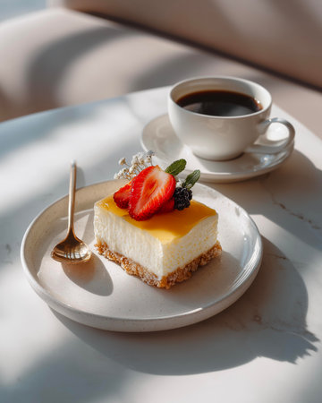 Piece of cheesecake with fresh berries and a cup of coffeeの素材