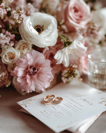 wedding rings on the background of a bouquet of flowersの素材
