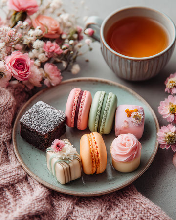 Colorful macaroons and a cup of tea on a gray backgroundの素材