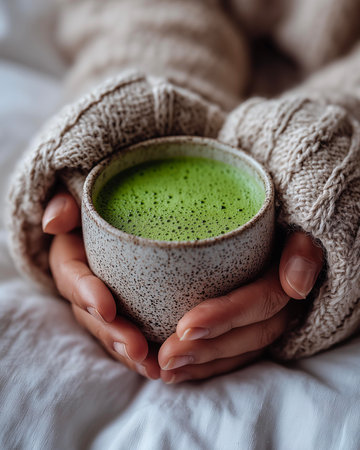 Female hands in warm knitted sweater holding cup of matcha latte on bed.の素材