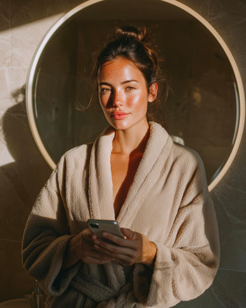 Portrait of young woman in bathrobe using mobile phone in bathroomの素材