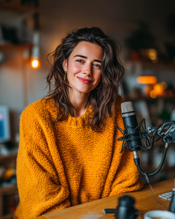 Portrait of a beautiful young woman in a yellow sweater with a microphone in her hands.の素材