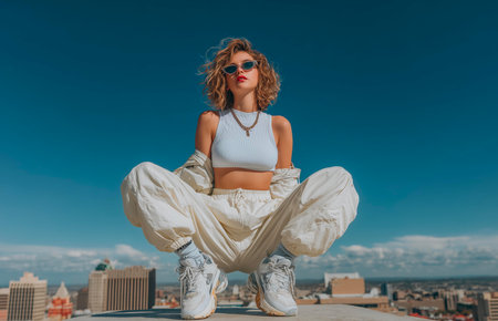 Portrait of a beautiful young woman in white clothes and sunglasses on the roofの素材
