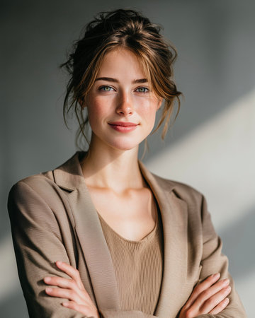 portrait of beautiful smiling businesswoman in beige suit looking at cameraの素材