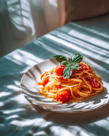 Spaghetti with tomato sauce and basil leaf on a white plate.の素材
