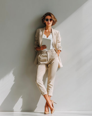 attractive businesswoman in suit and sunglasses using digital tablet on greyの素材