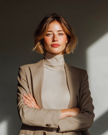 Portrait of a beautiful girl in a beige suit on a gray backgroundの素材