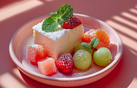 Piece of cake with fresh fruit and mint on a pink plateの素材