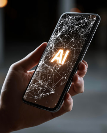 Smartphone screen displaying an artificial intelligence (AI), machine learning and neural networks concept.の素材