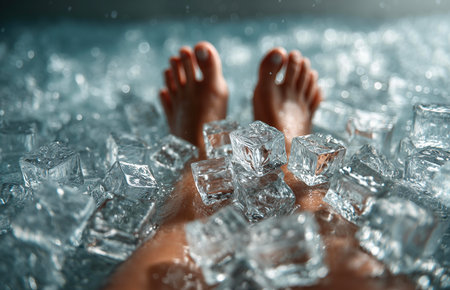 Close-up of female feet lying on ice cubes. Beautiful female legs in ice cubes.の素材