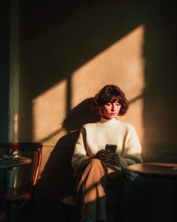 Young woman sitting in a cafe and using a mobile phone at sunsetの素材