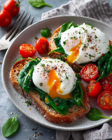 Poached eggs with tomatoes and spinach on toast. Healthy breakfast.の素材