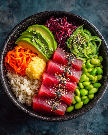 Hawaiian tuna poke bowl with rice, seaweed and avocadoの素材