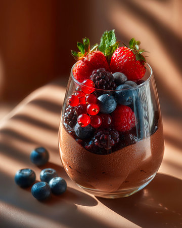 Chia seed pudding with strawberries in a glass on a light backgroundの素材