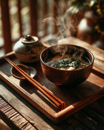 Japanese miso soup in bowl with chopsticks on wooden table.の素材