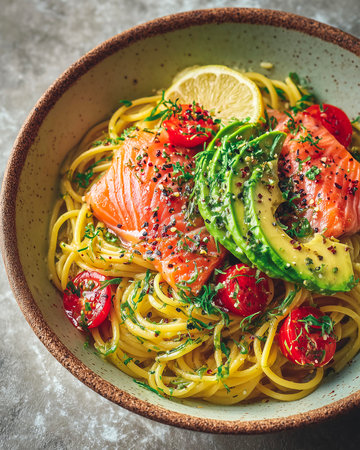Spaghetti with salmon, avocado and tomatoes in a bowl, square imageの素材