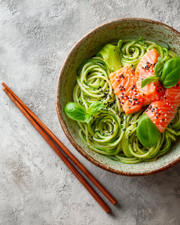 Japanese zucchini noodles with salmon and sesame seeds in bowlの素材