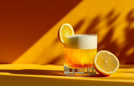 Tequila shot with lemon on orange background. Minimal summer concept.の素材