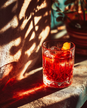 Red cocktail with ice and orange slice on the table in the sunlightの素材