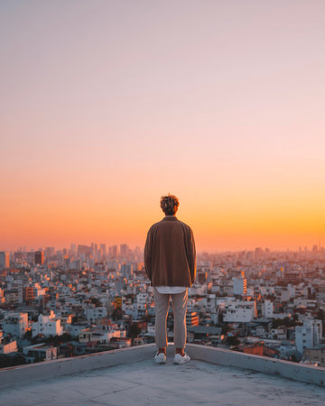 Rear view of a man standing on the roof and looking at the city at sunsetの素材
