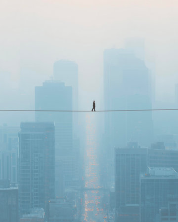 Silhouette of a man standing on a wire over a cityscapeの素材