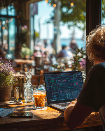 Young man working on a laptop while sitting at a table in a cafeの素材