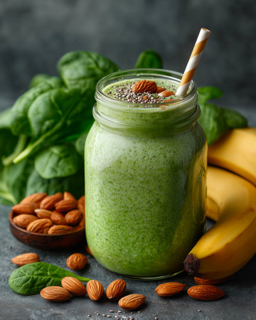 Green smoothie with spinach, banana and almonds in a mason jarの素材
