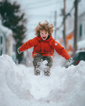 Happy little girl playing with snow in winter. Cute child having fun in snow.の素材