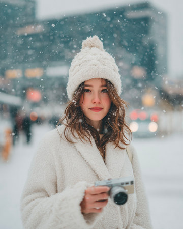 Beautiful girl in a white coat and hat with a camera on the background of a winter cityの素材