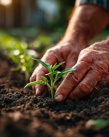 Close up of hands of senior man planting pepper seedling in soilの素材