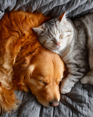 Cute Golden Retriever dog sleeping with cat on bed.の素材