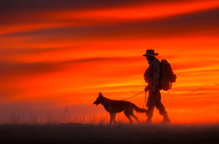 silhouette of man in cowboy hat with dog on sunset backgroundの素材