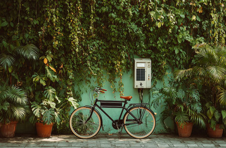 Bicycle parked near the wall with green plants in the garden.の素材