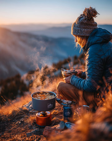 A young woman is sitting on the top of a mountain with a cup of hot coffee in her hands.の素材