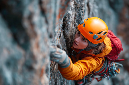 Climber girl in orange helmet climbing on a rock. Extreme sport.の素材