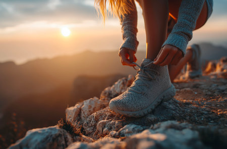 Woman tying shoelaces on the top of a mountain at sunsetの素材
