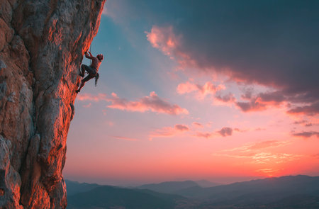 Young man climbing on a rock at sunset. Extreme sport concept.の素材
