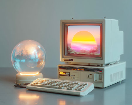Retro computer monitor with a globe and a keyboard on a tableの素材